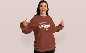 Happy brunette girl in sweatshirt mockup