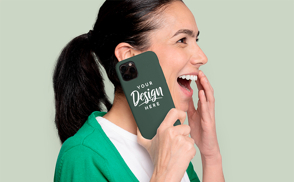 Brunette woman with phone case mockup