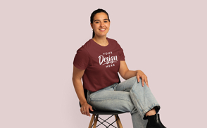 Girl in jeans sitting t-shirt mockup | Start Editing Online