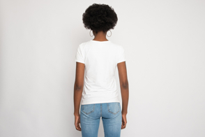 Black woman backwards  in t-shirt mockup