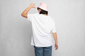 Asian female backwards with hat and t-shirt mockup