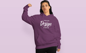 Strong brunette woman in hoodie mockup