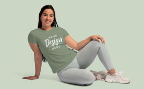 Hispanic woman sitting t-shirt mockup | Online Editing Generator