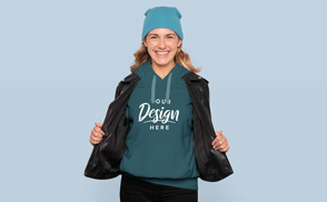 Woman with hat and open jacket hoodie mockup