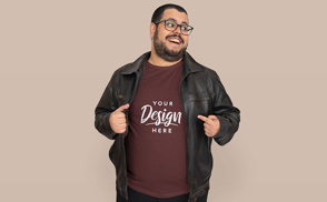 Man in long leather jacket t-shirt mockup