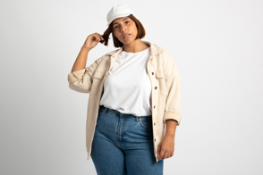 Plus size girl with cap in t-shirt mockup