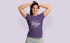 Hispanic girl arms raised t-shirt mockup | Start Editing Online