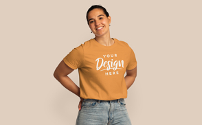 Brunette girl smiling t-shirt mockup | Start Editing Online