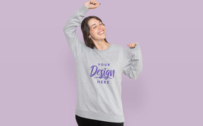 Happy woman dancing in sweatshirt mockup