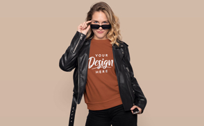 Woman in leather jacket t-shirt mockup