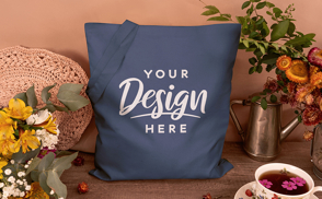 Tote bag with flowers and tea mockup