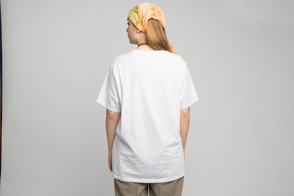 Hispanic woman backwards with bandana in oversize t-shirt mockup