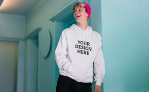 Man in pink hat and hoodie mockup