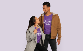 Happy couple in jackets and t-shirt mockup