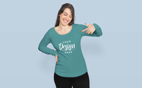 Happy brunette woman in sweatshirt mockup