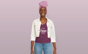 Black girl in jacket and t-shirt mockup