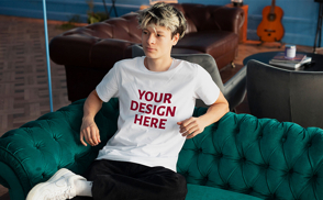 Man sitting on couch t-shirt mockup