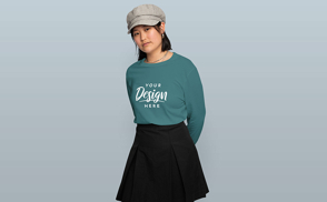 Asian model in skirt and sweatshirt mockup