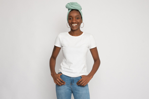 Smiling black woman in t-shirt mockup