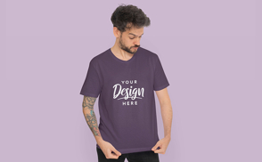 Man with tattoos in t-shirt mockup