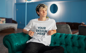 Man sitting in couch t-shirt mockup