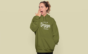 Surprised woman in hoodie mockup