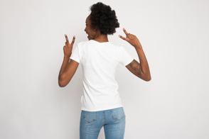 Black female backwards in t-shirt mockup