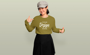 Asian girl in hat and skirt swetahshirt mockup