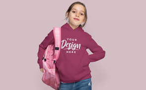 Little girl with backpack and hoodie mockup