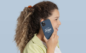 Happy curly hair woman with phone case mockup