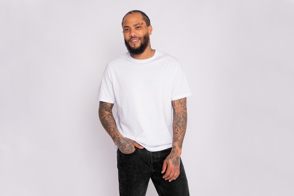 Black bearded man wearing a t-shirt mockup