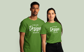 Serious hispanic couple in t-shirt mockup