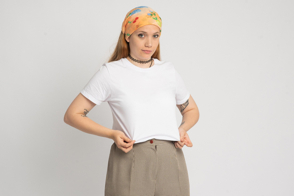 Hispanic girl with bandana showcasing a t-shirt mockup