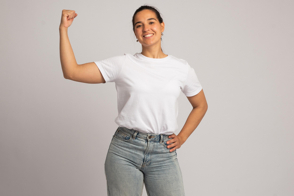 Strong hispanic woman in t-shirt mockup