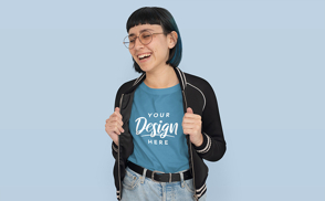 Short haired woman in sports jacket t-shirt mockup