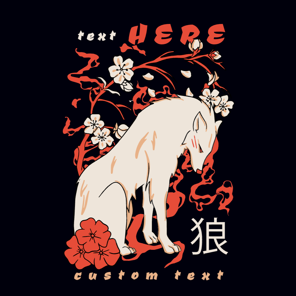 Japanese wolf floral editable t-shirt template | Create Merch Online