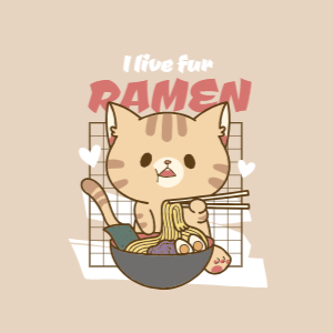 Cute cat eating ramen editable t-shirt design template
