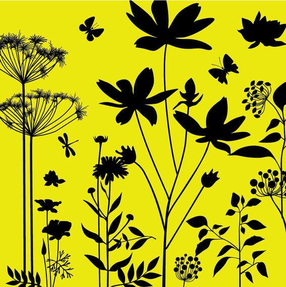 Plantas de jardín silueta con libélulas Plantas de jardín silueta con libélulas