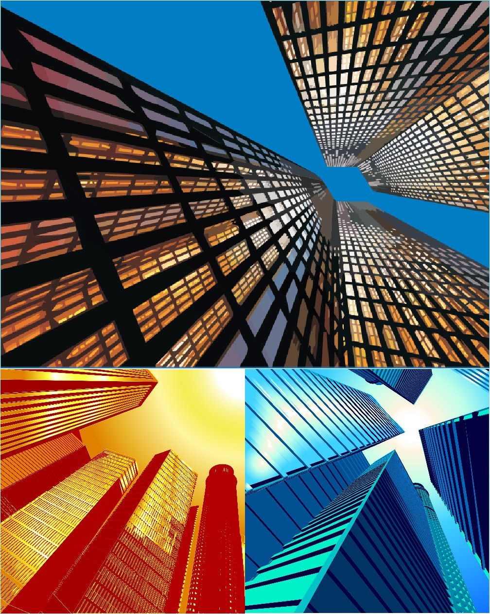 3 hermosos edificios abstractos de la ciudad con vista al cielo