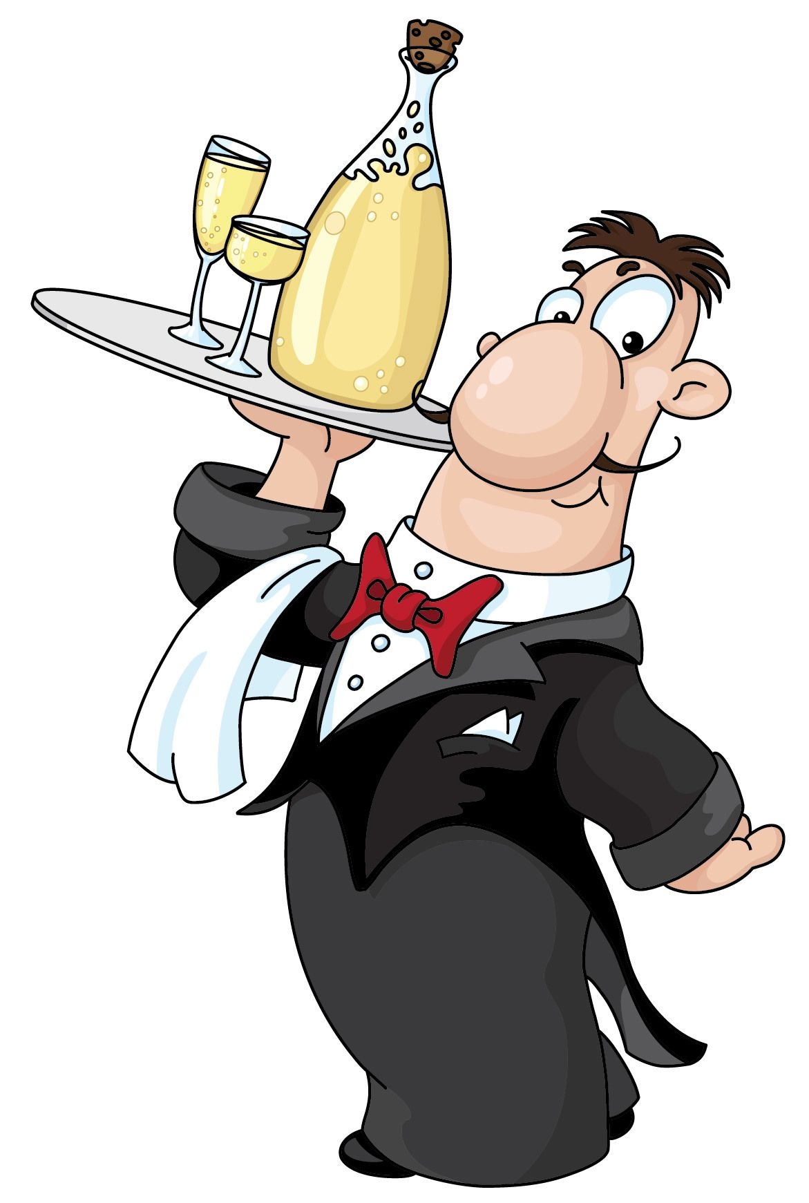 Cartoon Chef mit Champagnerflasche und Gläsern