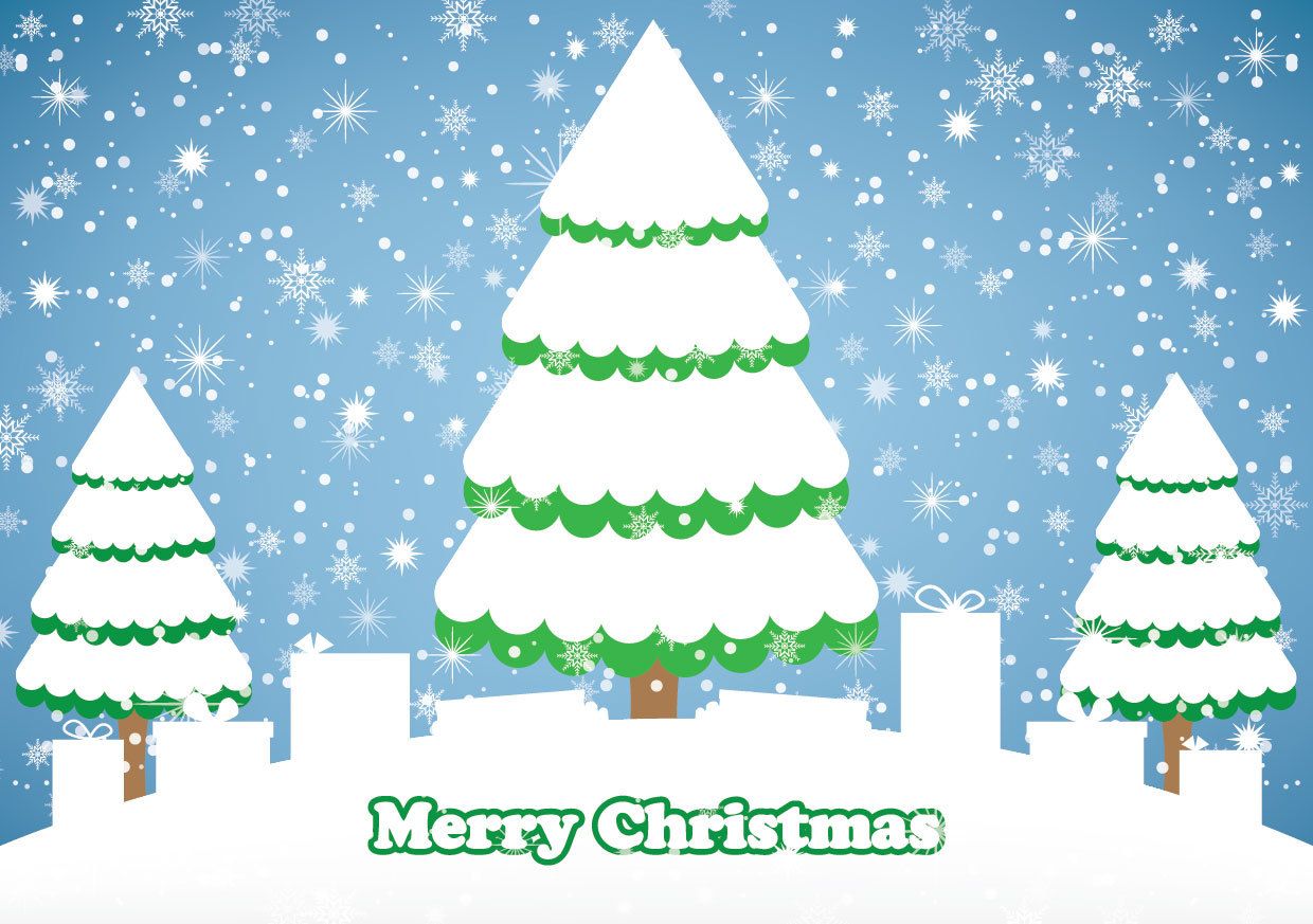 Snowy Christmas Background with Trees & Gift Box