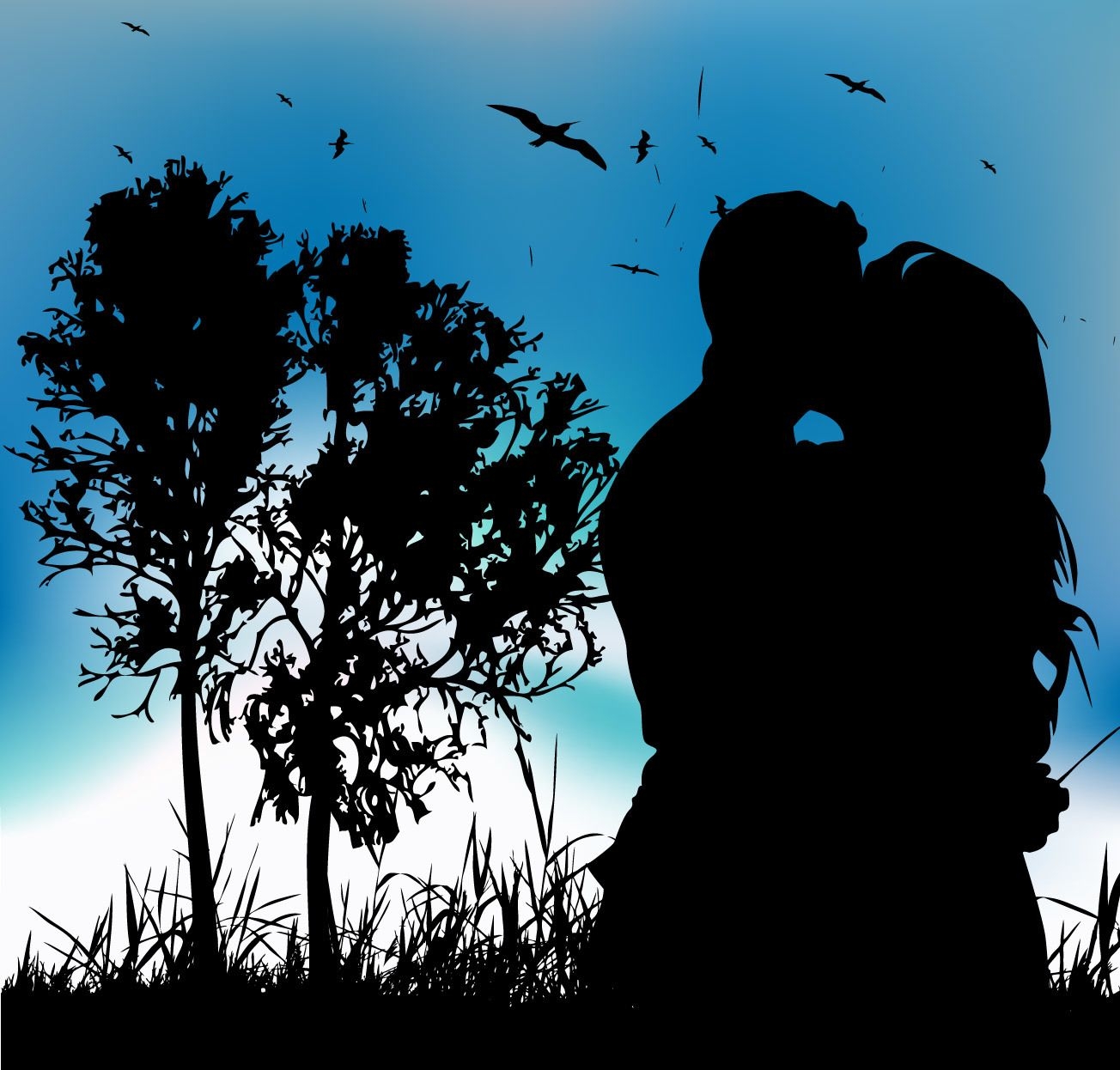 Casal se beijando na paisagem com uma árvore atrás