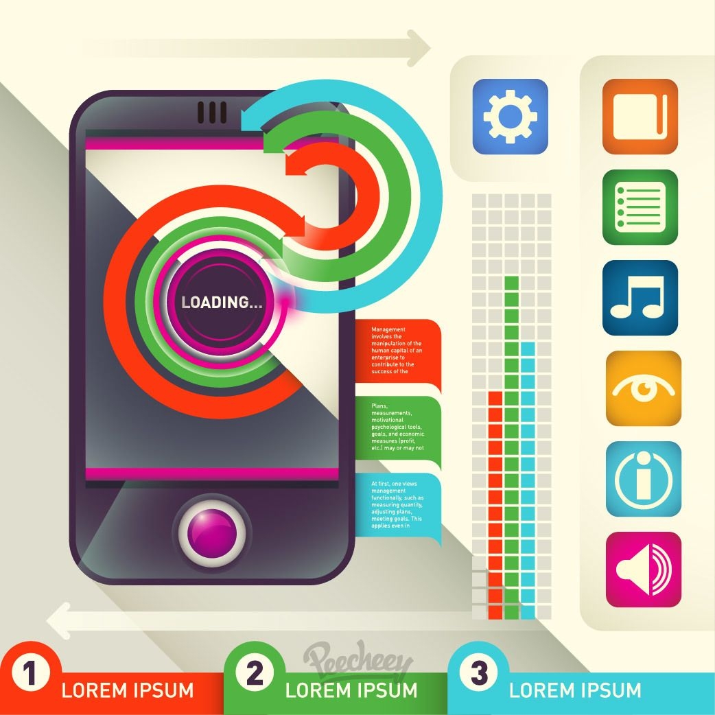 Infografía colorida con teléfono e iconos