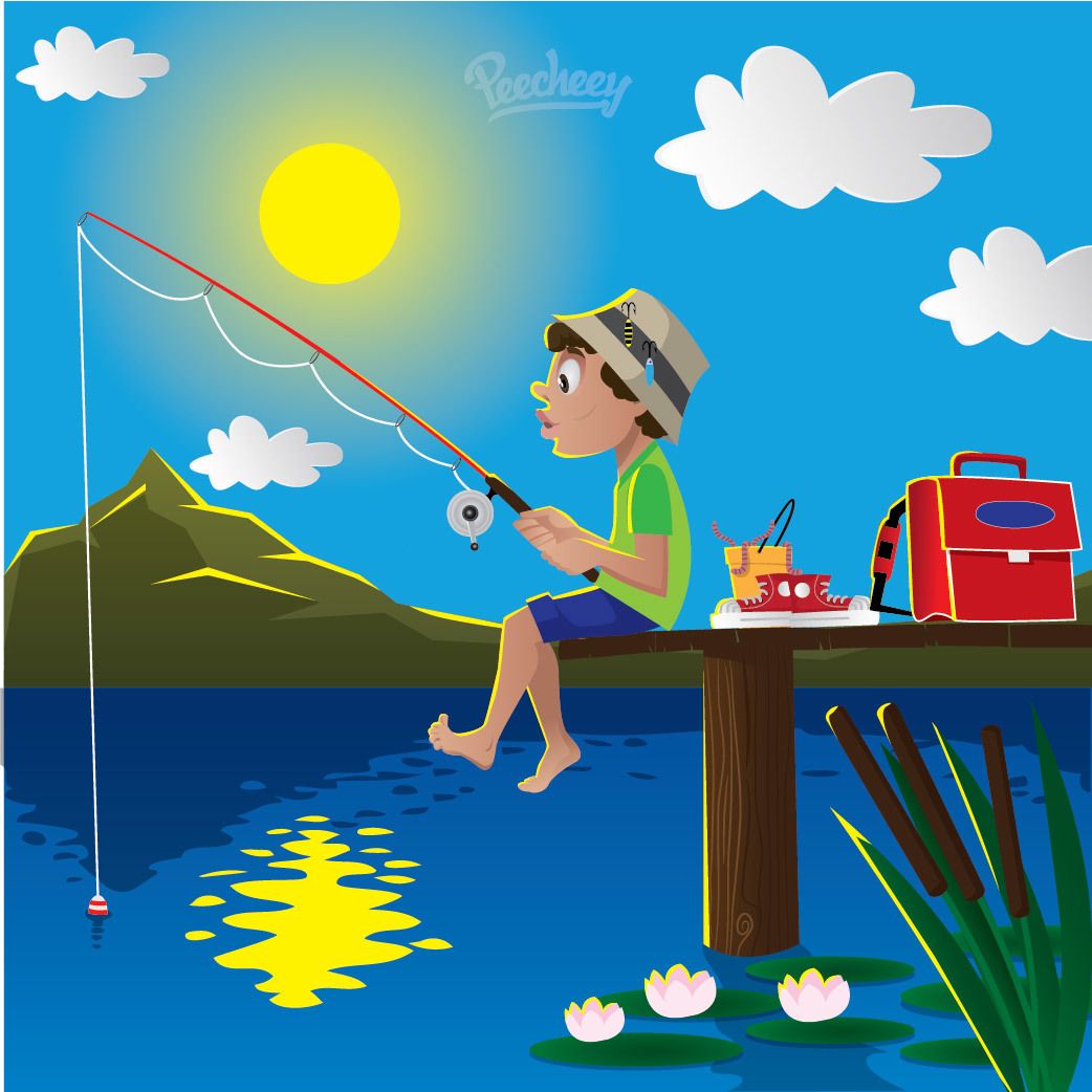 Boy Fishing on Lake Cartoon - Vector download