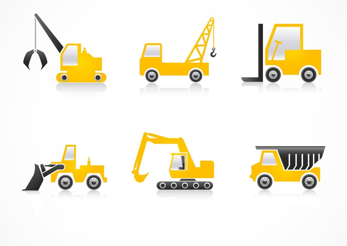 Flache Symbole für den Bau schwerer Fahrzeuge