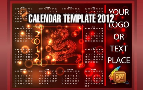 Plantilla de calendario de dragón de 2012