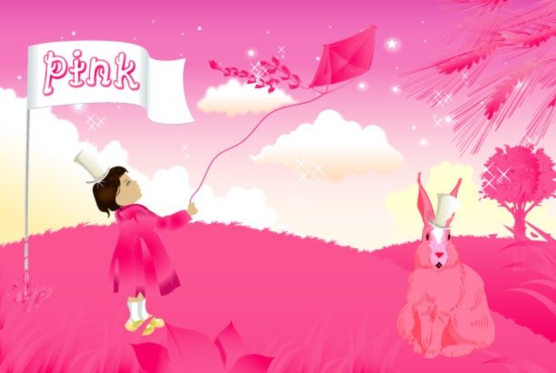 Paisagem de menina e coelho rosa