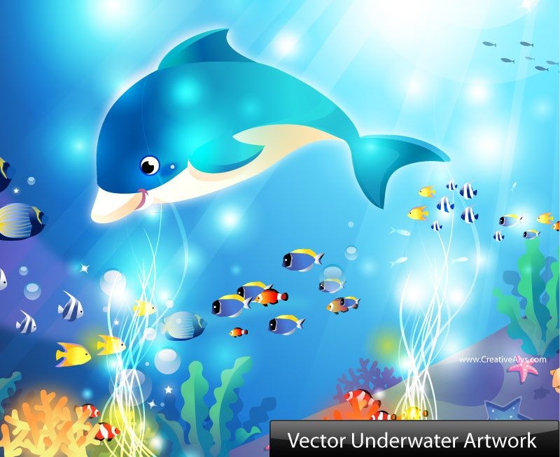 Vector de arte submarino con delfines y peces