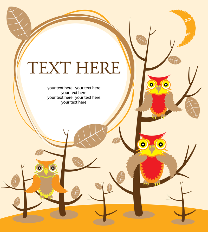 Ilustração de corujas com árvores e texto