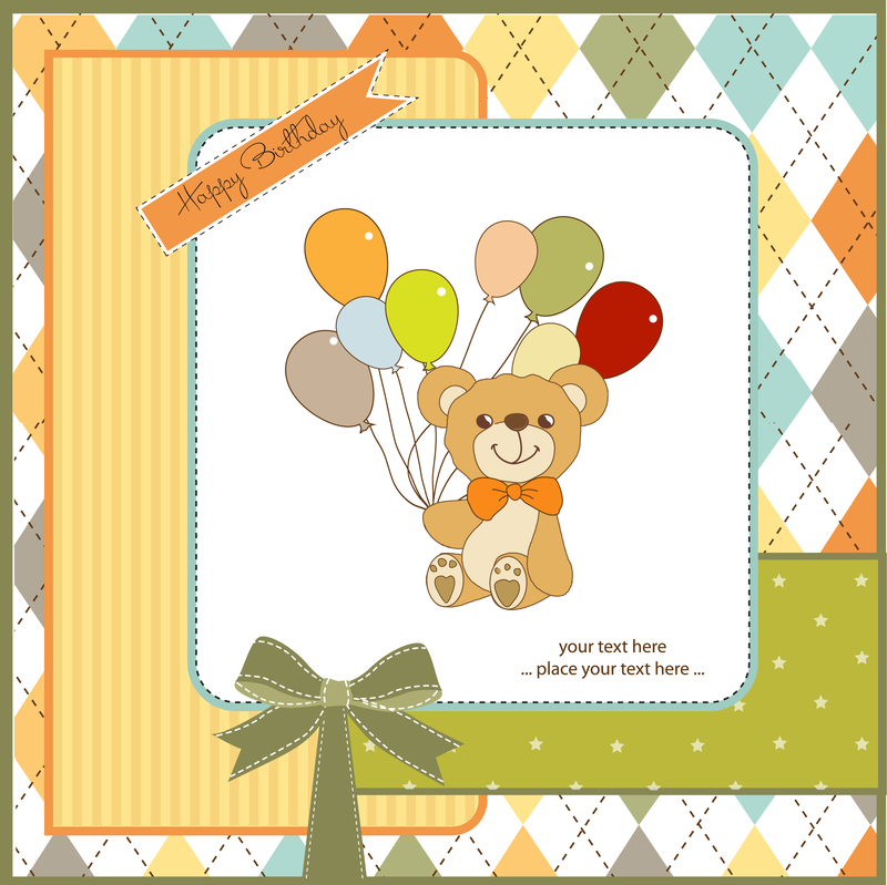 Ilustración de oso de peluche con tarjeta de globos